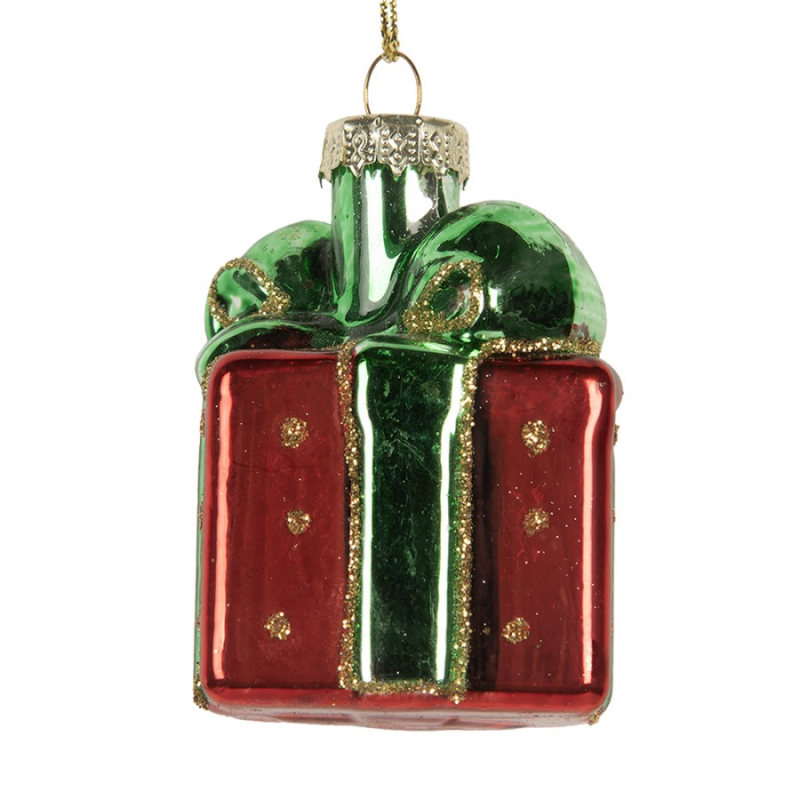 Doplňky a dekorace - Červeno-zelená skleněná vánoční ozdoba zabalený dárek – 4x4x6 cm