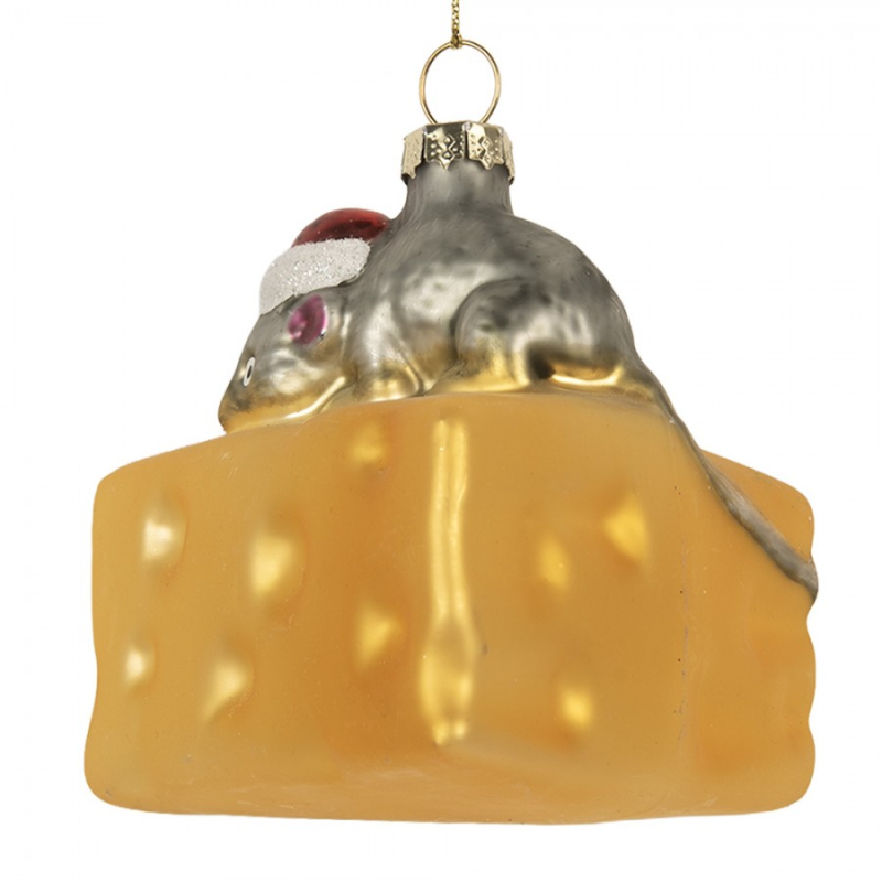 Doplňky a dekorace - Skleněná vánoční ozdoba sýr ementál s myškou v santaclausovské čepici – 8x8x8 cm