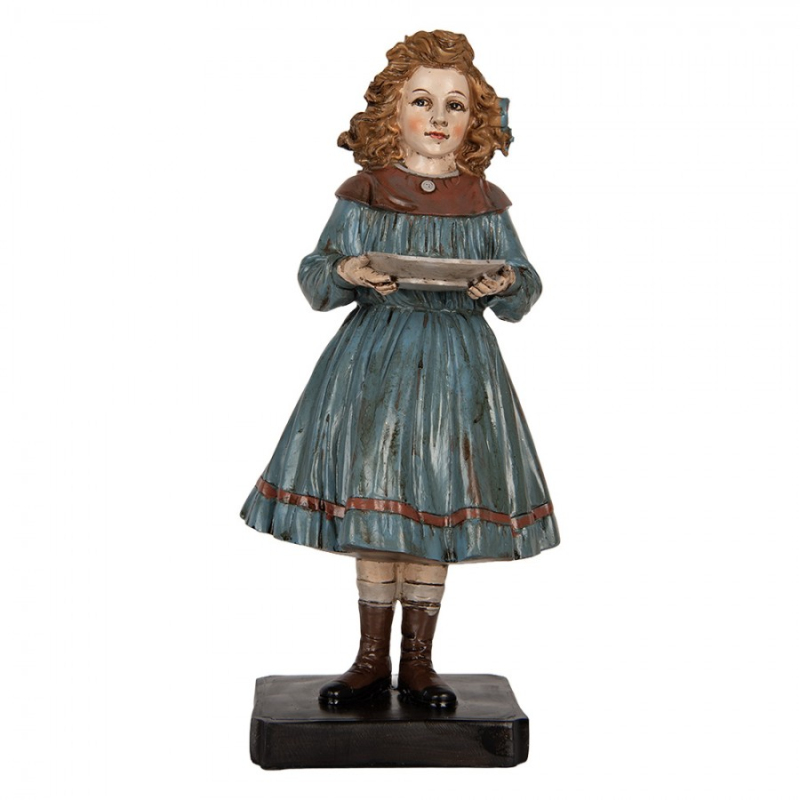 Doplňky a dekorace - Dekorační postavička zrzavé dívky v modrých šatech s tácem – 15x14x31 cm