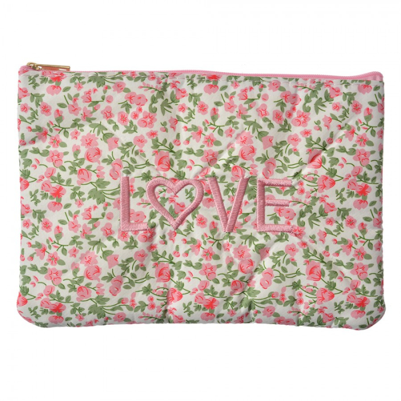 Móda a bižuterie - Růžovo-zelená kosmetická taštička s květy a nápisem Love – 22x1x16 cm