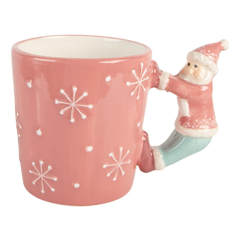 Kuchyně - Růžový vánoční keramický hrneček se skřítkem na oušku – 15x7x11 cm