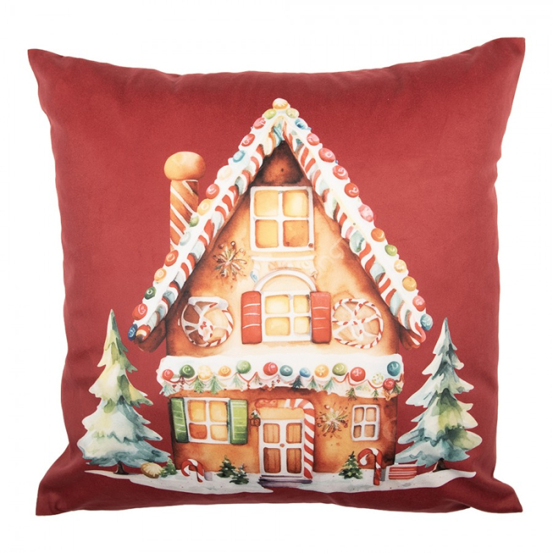 Textil - Červený vánoční povlak na polštář s perníkovým domečkem – 45x45 cm