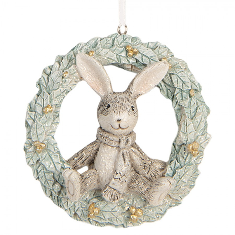 Doplňky a dekorace - Závěsná pastelová vánoční dekorace zajíček ve věnci z chvojí – 8x3x8 cm