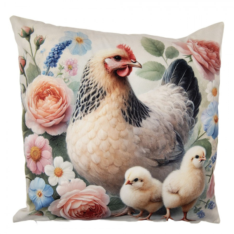 Textil - Povlak na polštář slepička s kuřátky a růžemi polyester – 45x45 cm
