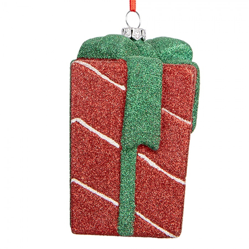 Doplňky a dekorace - Červeno-zelená vánoční ozdoba třpytivý dáreček – 8x8x11 cm