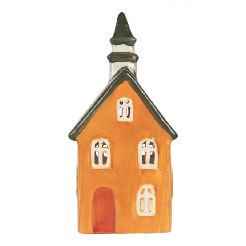 Doplňky a dekorace - Keramický oranžový svícen na čajovou svíčku ve tvaru radnice Oisterwijk V – 11x7x21 cm