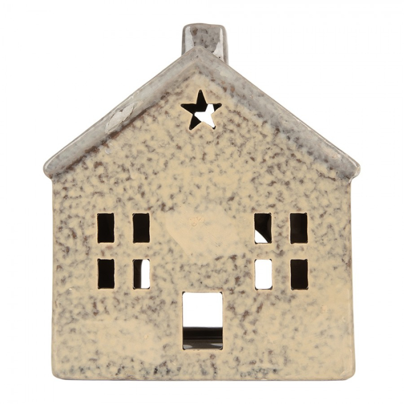 Doplňky a dekorace - Keramický šedobéžový svícen na čajovou svíčku ve tvaru domečku Oisterwijk VI – 13x9x16 cm