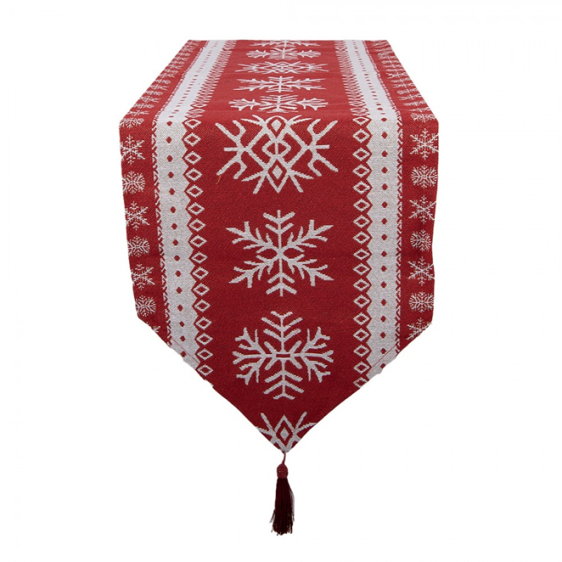 Textil - Vánoční běhoun na stůl červeno-bílý s vločkou a střapcem – 33x180 cm