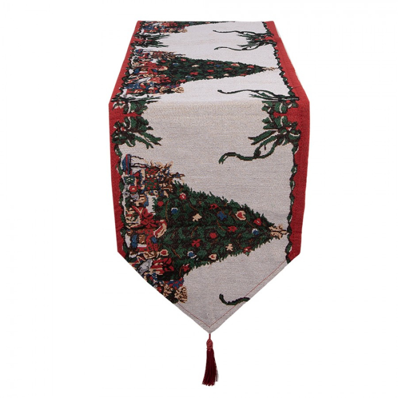 Textil - Vánoční běhoun na stůl se stromečkem a střapcem – 33x180 cm