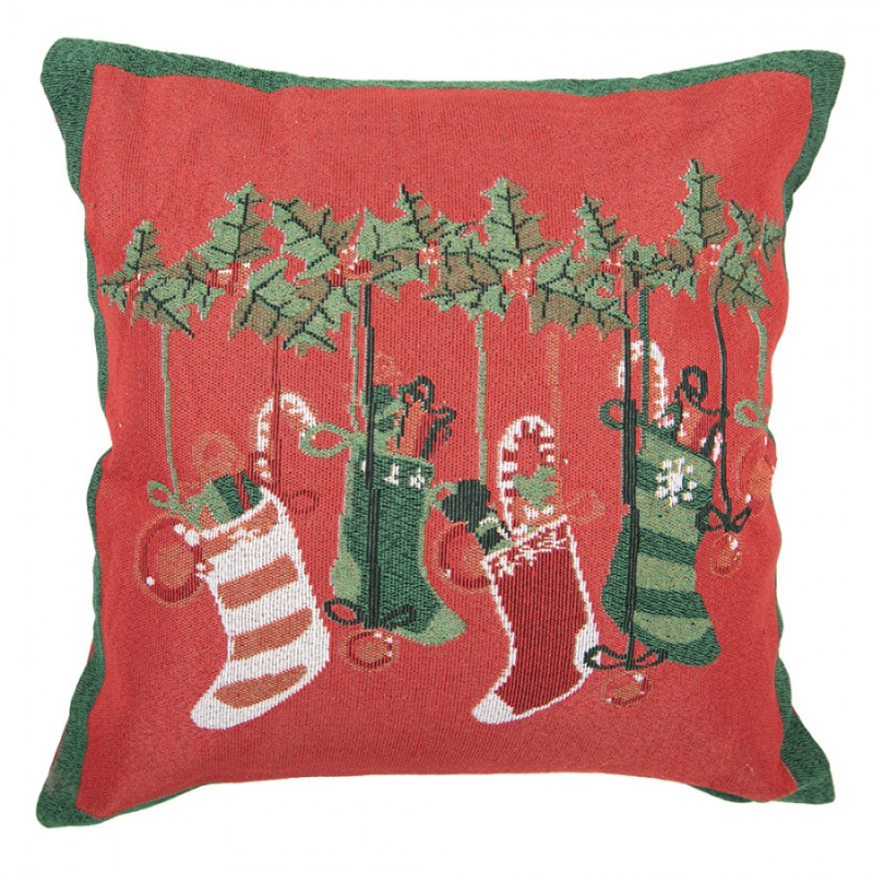Textil - Červeno-zelený dekorační polštář s vánočními punčochami Borduur – 44x44x4 cm