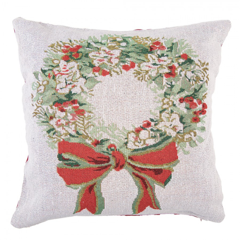 Textil - Bílo-červený dekorační polštář s vánočním věncem Borduur – 44x44x4 cm