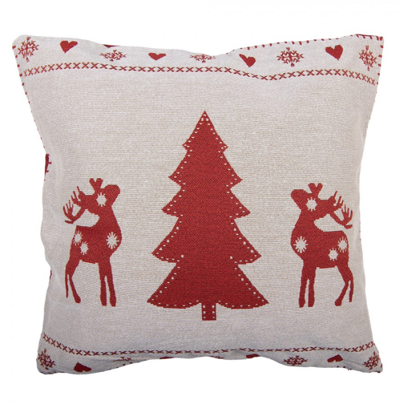 Textil - Červeno-bílý dekorační polštář s jeleny a vánočním stromkem Borduur – 44x44x4 cm