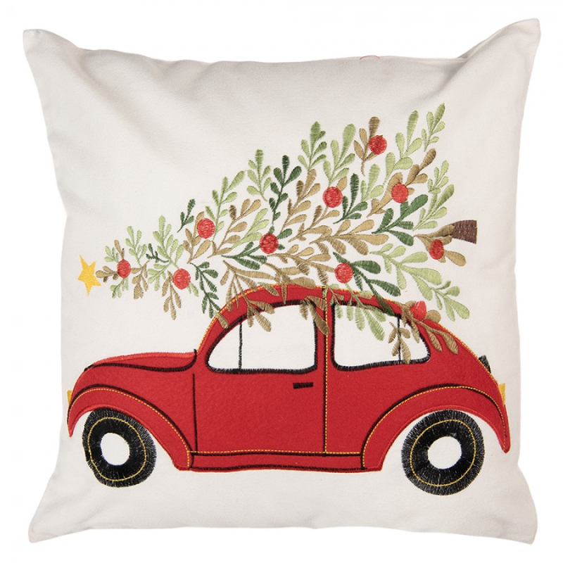Textil - Červeno-béžový dekorační polštář s vánočním autem Borduur – 44x44x4 cm