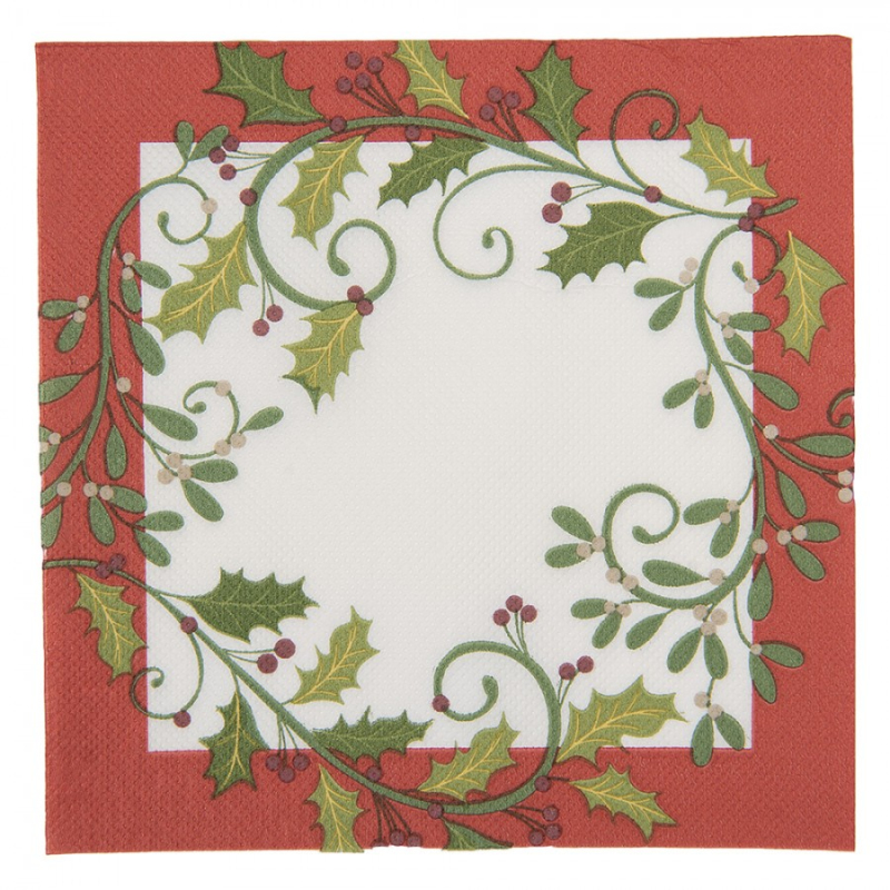 Textil - Vánoční papírové ubrousky s červeným okrajem a cesmínou – 33x33 cm / 20 ks