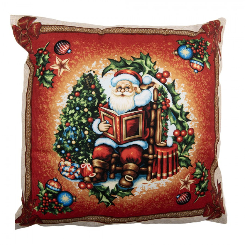 Textil - Červený povlak na polštář se Santa Clausem s knihou – 45x45 cm