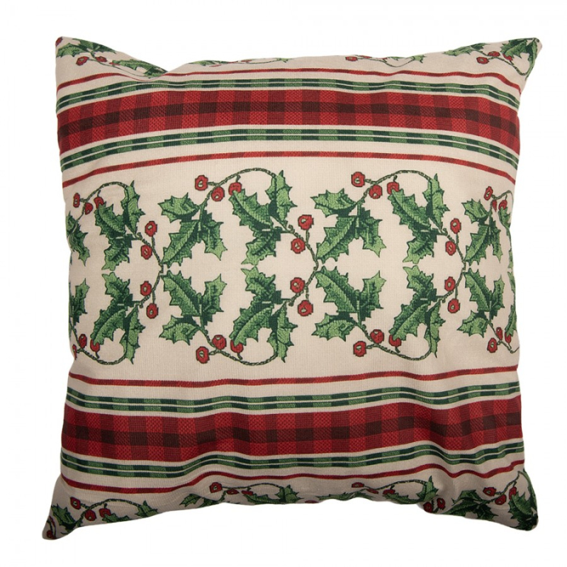 Textil - Vánoční barevný povlak na polštář s kostkovaným motivem a cesmínou – 45x45 cm