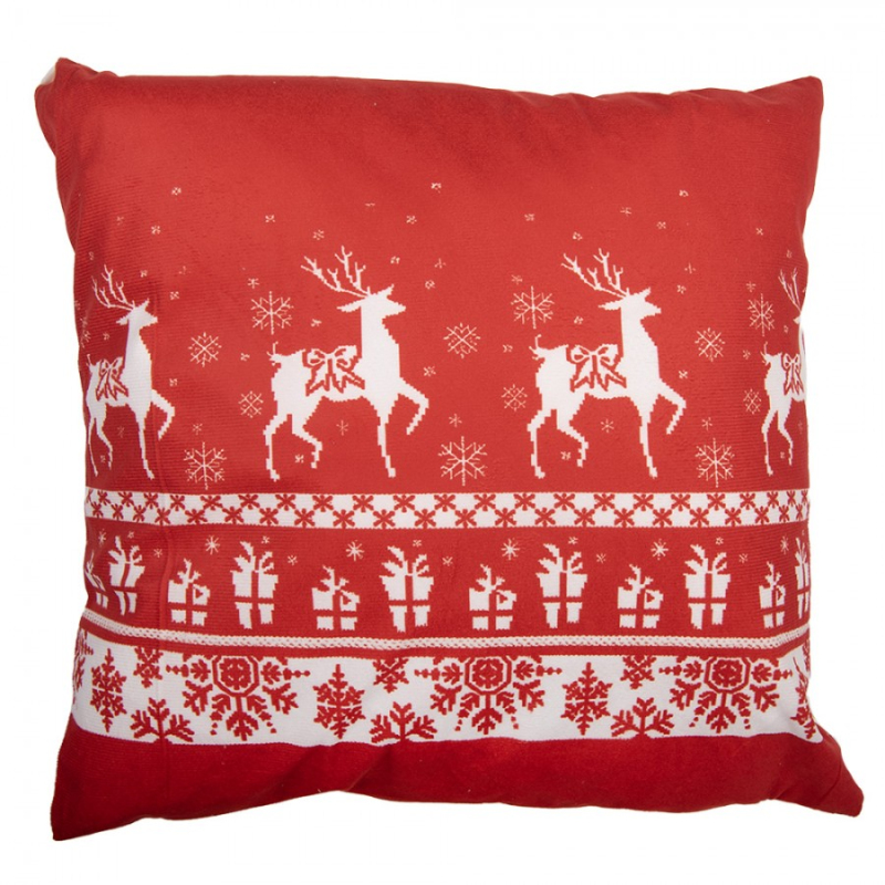 Textil - Červeno-bílý povlak na polštář se soby, dárky a vločkami – 45x45 cm