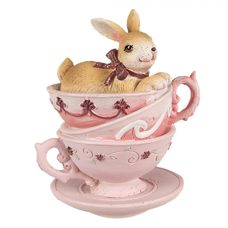 Doplňky a dekorace - Hnědo-růžová polyresinová figurka králík – 10 cm