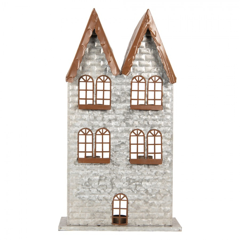 Doplňky a dekorace - Šedý kovový svícen na čajovou svíčku domeček – 30x13x54 cm