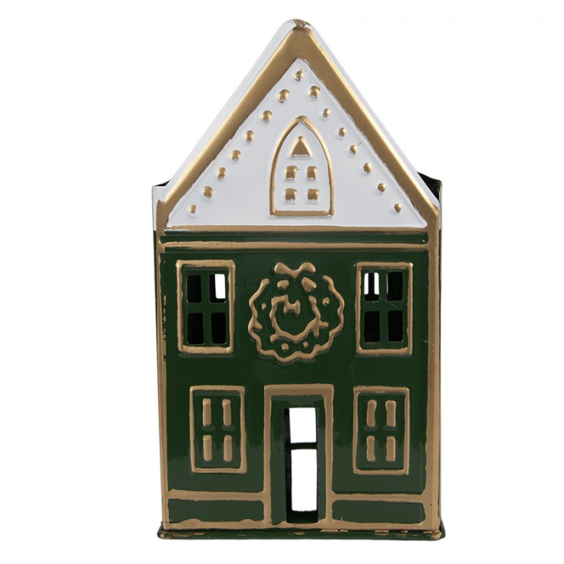Doplňky a dekorace - Zelený kovový svícen na čajovou svíčku domeček – 14x12x25 cm