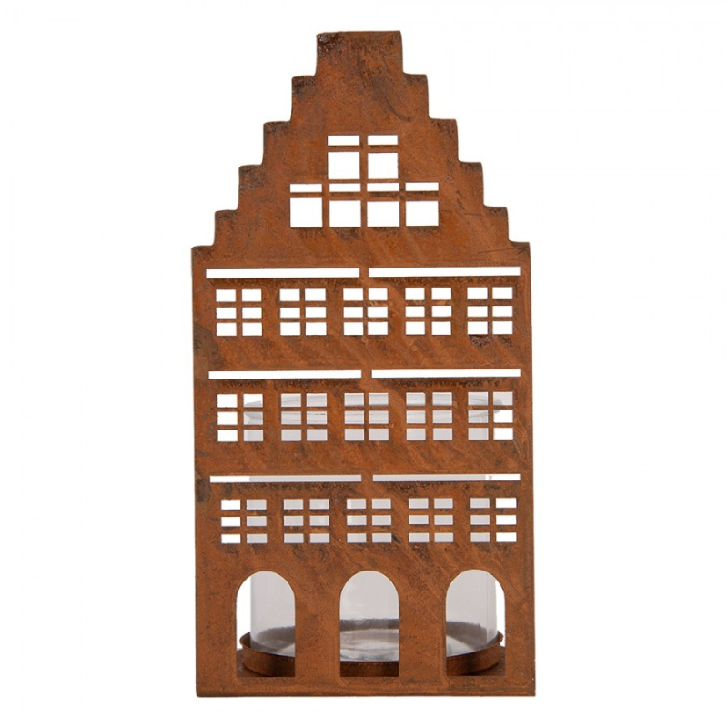 Doplňky a dekorace - Hnědý kovový svícen na čajovou svíčku domeček – 12x12x24 cm