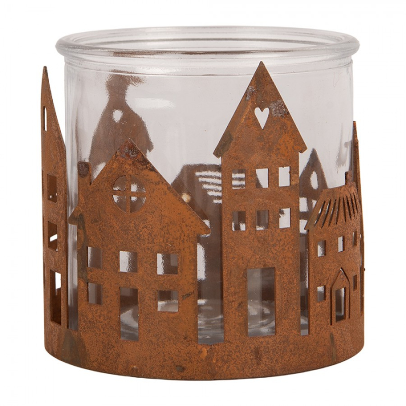 Doplňky a dekorace - Hnědý kovový svícen na čajovou svíčku domeček – 11x10 cm