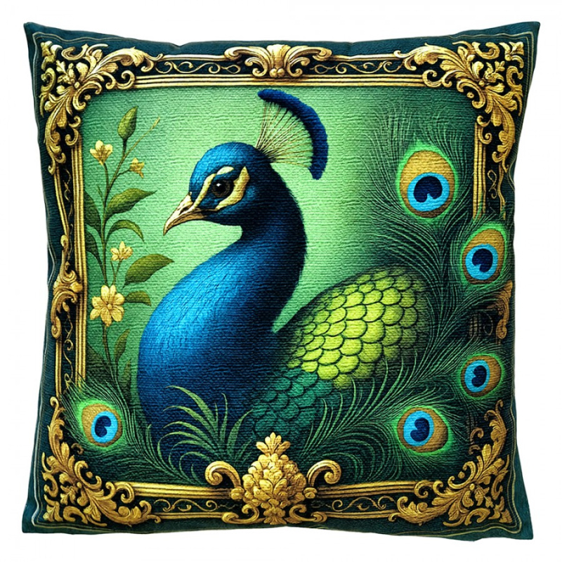 Textil - Zelený dekorativní polštář páv – 45x45 cm