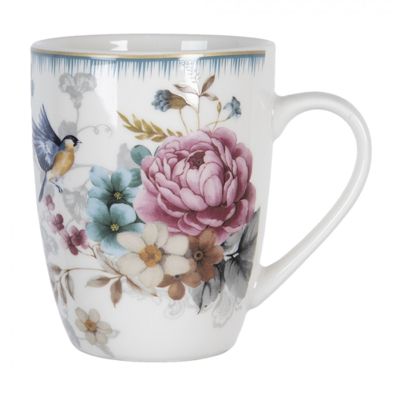 Kuchyně - Velký porcelánový hrnek s motivem květin a ptáčka Pivoine – 360 ml