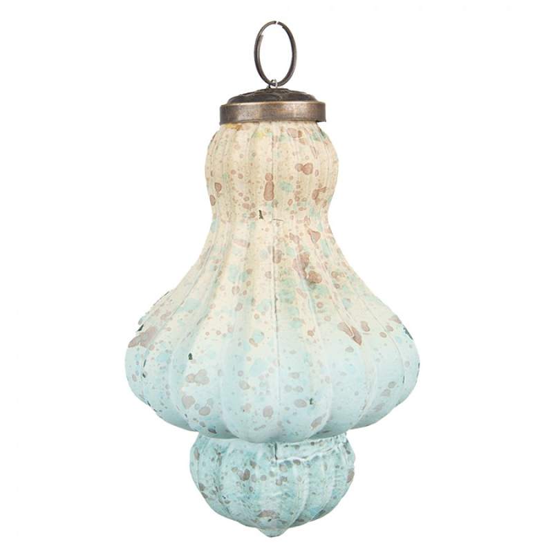 Doplňky a dekorace - Béžovo-tyrkysová vánoční skleněná ozdoba baňka – 8x12 cm