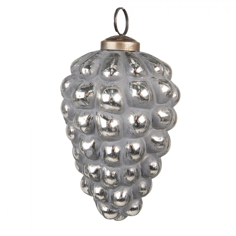 Doplňky a dekorace - Šedo-stříbrná skleněná vánoční ozdoba šiška – 7x10 cm