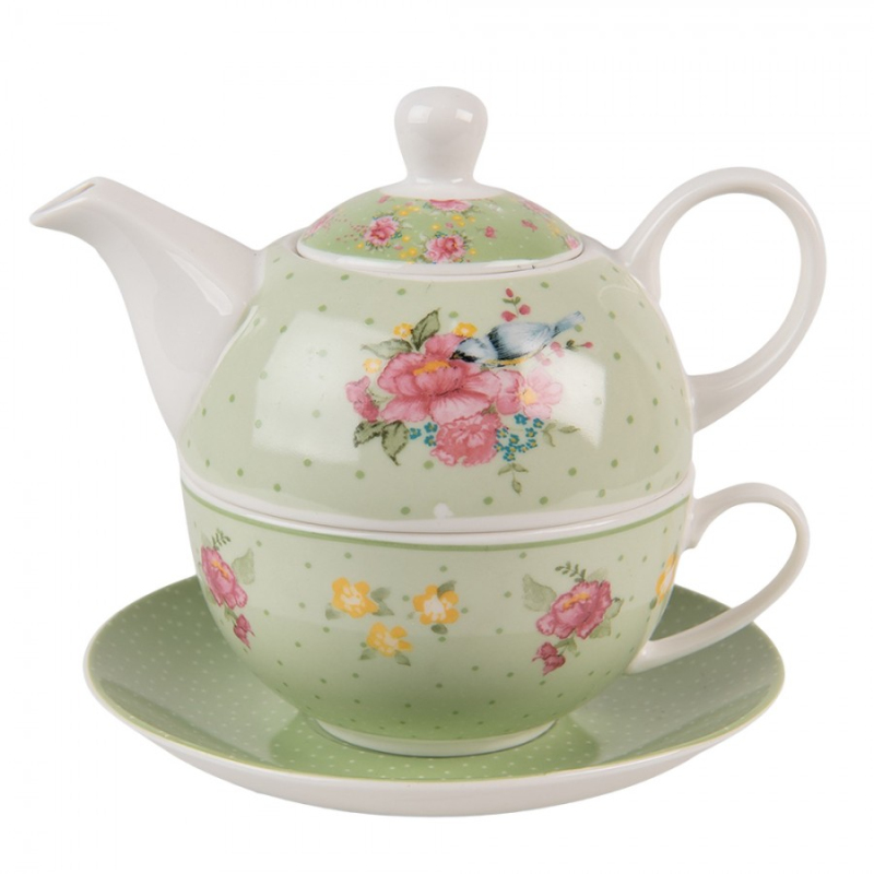 Kuchyně - Zelený porcelánový Tea for One s květy a ptáčkem Cheerful Birdie – 460 ml