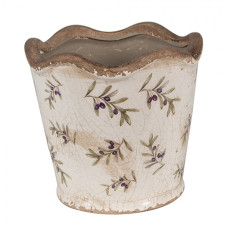 Béžový keramický obal na květináč s olivovými větvičkami Olive Field s vlnitým okrajem – 13x12 cm