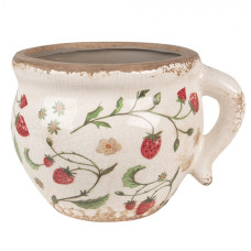Béžový keramický obal na květináč s jahodami Louis s uchem – 17x14x12 cm