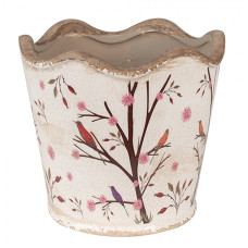 Béžový keramický obal na květináč s keři, šípky a ptáčky Satin s vlnitým okrajem – 16x15 cm