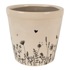 Béžový keramický obal na květináč s kresbou rostlinek Flora a Fauna – 21x20 cm