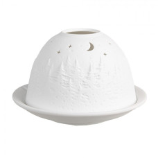 Bílý porcelánový svícen na čajovou svíčku les s noční oblohou – 12x8 cm