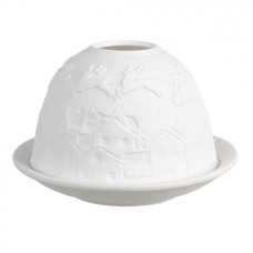 Bílý porcelánový svícen na čajovou svíčku se Santa Clausem a soby nad městečkem – 12x8 cm