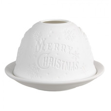 Bílý porcelánový svícen na čajovou svíčku sněhové vločky s nápisem Merry Christmas – 12x8 cm
