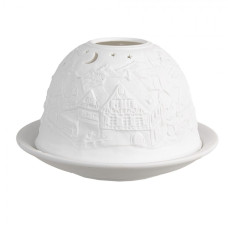 Bílý porcelánový svícen na čajovou svíčku vesnice s noční oblohou – 12x8 cm