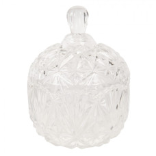 Transparentní skleněná nádoba na bonbony s víkem s broušeným povrchem a kulatým držátkem – 13x19 cm