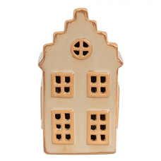 Vánoční dekorace s LED světlem béžový porcelánový domeček s pěti okny – 6x6x11 cm