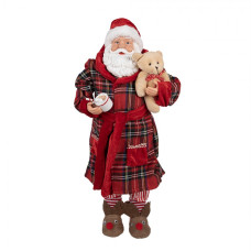 Červená vánoční dekorace Santa Claus v županu držící medvěda a hrnek s čokoládou – 50 cm