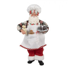 Bílá vánoční dekorace Santa Claus s perníčkem a lízátkem Candy Cane v kapse držící dort s polevou – 28 cm
