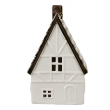 Bílý porcelánový dekorační domeček s černou střechou a komínem L – 16 cm