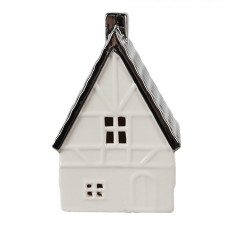 Bílý porcelánový dekorační domeček s černou střechou a komínem M – 12 cm