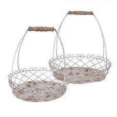 Set dvou kovových bílých kruhových košíků se srdíčky a držákem Katrien – 39/33 cm