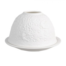 Bílý porcelánový svícen na čajovou svíčku s ptáčky ve větvích stromu – 12x8 cm
