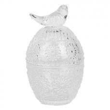 Broušená skleněná dóza ve tvaru velikonočního vejce s ptáčkem na víčku Gerjanne – 9x16 cm