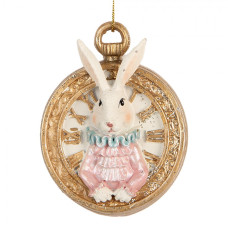 Velikonoční závěsná ozdoba bílý zajíček v kapesních hodinkách Wonderland – 6x3x7 cm