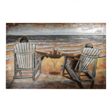 Kovový obraz na zeď s reliéfem sklenka při západu slunce na pláži – 120x80 cm